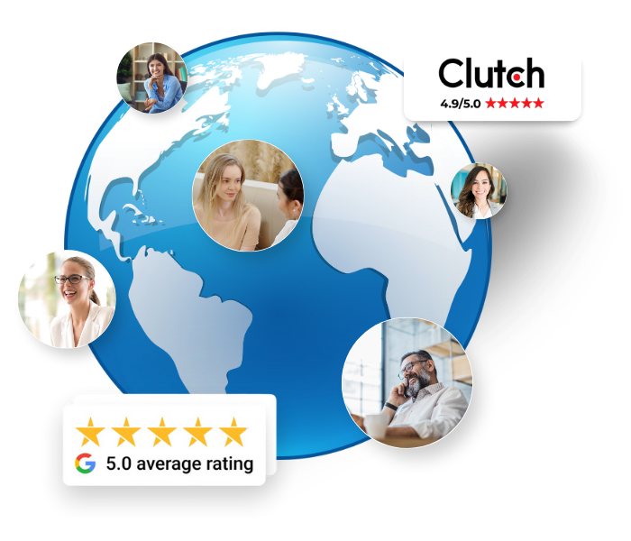 Several pictures of people popping up around the globe and their is an indication of a 5.0 rating star.