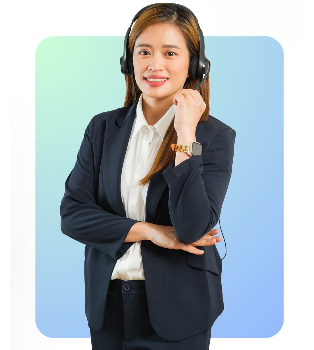 A Woman standing, smiling wearing headset with microphone